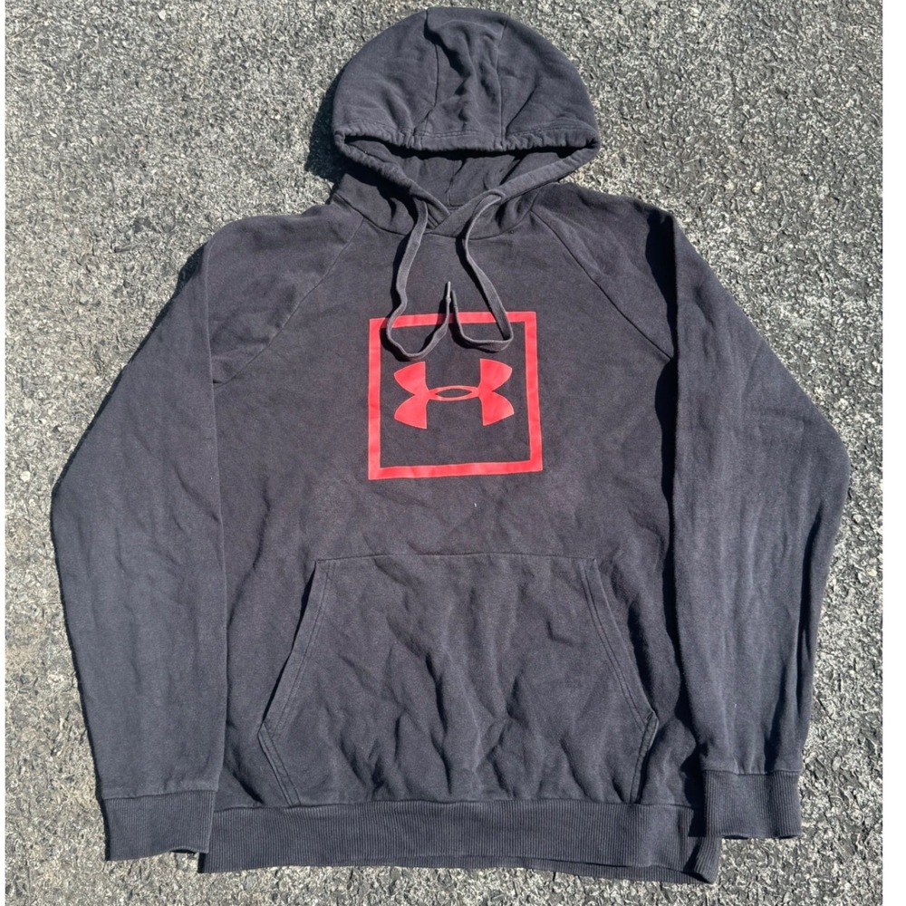 Under Armour Mens Hoodie Black Red Box Logo Pullover Sweatshirt Medium